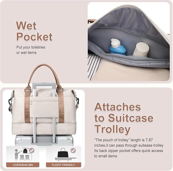 Large Weekender Bags for Women, Travel Duffel Bag with Shoe Compartment,Personal Item Travel Carry on Overnight Bag for Women Travel Set,Beige & Brown