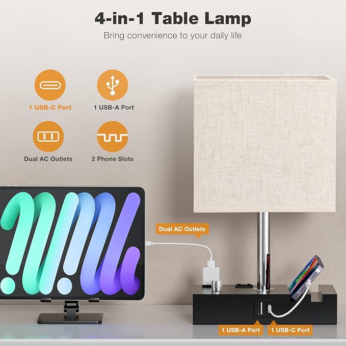 Beige Bedside Table Lamps Set of 2 - Dimmable, USB C+A, 2 AC Outlets | Dimming By Rotary Knob, USB C+A Ports, 2 Phone Stands, LED Bulbs Included, Rectangle Beige Lampshade, for Living Room, Desk