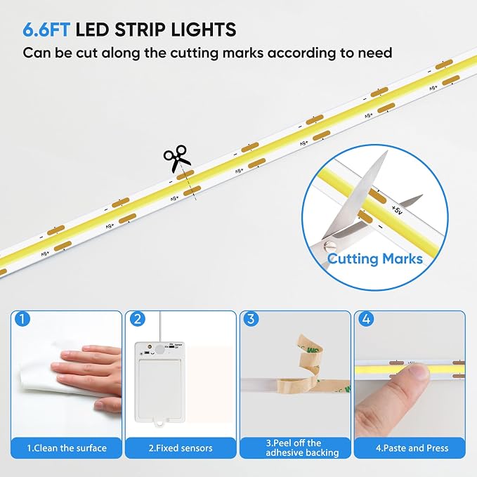 OMIKA COB Motion Sensor LED Strip Light, 6.56ft 640LEDs Closet Lights, Rechargeable Battery Operated Stair Strip Lights for Bed, Pantry, Shelves, Cabinet, Locker, 6000K Cool White, 2 Pack