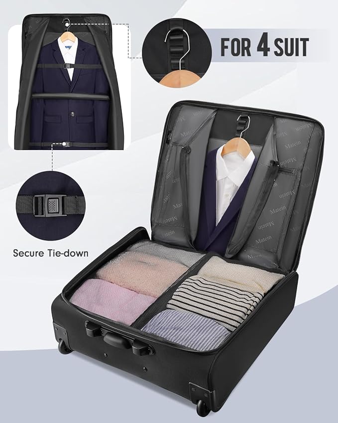 MATEIN Rolling Garment Bag with 2 Packing Cubes, Large Check-in Travel Garment Bags with 17.3 Inch Laptop Compartment, Wrinkle Free Wheeled Business Softside Suitcase Luggage for Men and Women, Black