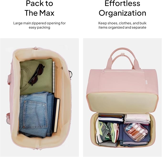 Travel Duffle Bag for Women, 40L Weekender Bags Airline Approved Carry On with Shoe Compartment & Waterproof Wet Pocket, Durable Nylon Weekender Overnight Bag for Travel, Gym, Business Trip, Pink