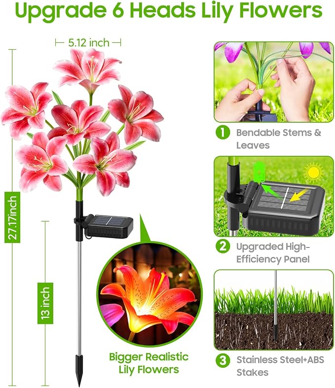 LETMY Solar Garden Lights, 4 Pack Solar Flower Lights with 6 Head Bigger Lily Lights, IP65 Waterproof Solar Lights Outdoor, Decorative Lights for Garden, Patio, Yard, Flower Bed
