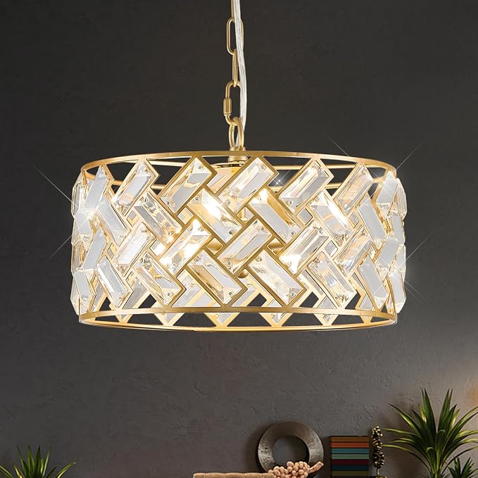 12" Gold Crystal Chandelier 4-Light Drum Semi Flush Mount | Gold crystal drum chandelier with 4 lights, cross-pattern K9 crystals and semi flush mount design for elegant interiors