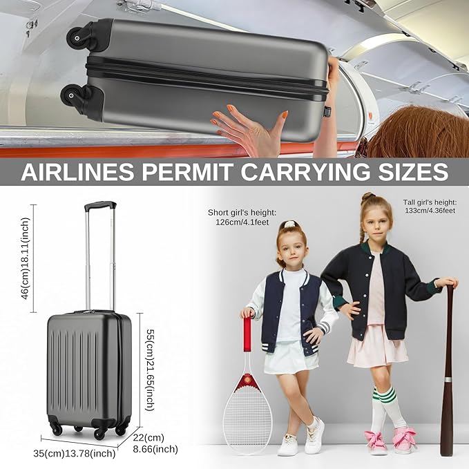Kono 20-Inch Small Hardside Carry-on Suitcase with Spinner Wheels, Lightweight ABS+PC Rolling Cabin Suitcase for Airplane Travel (Grey, for 1-3 Days of Travel)