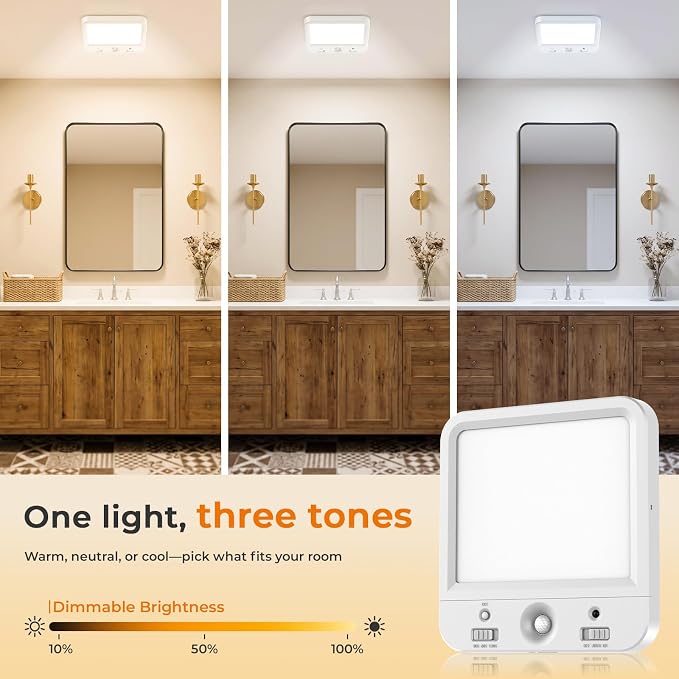 TANBABY Rechargeable Motion Sensor Ceiling Light, Wireless Remote, 4-Pack | Wireless LED Shower Light, 8000mAh Battery Long Lasting Closet Light, 3 Color Dimmable, Timer, No Wiring for Hallway Pantry