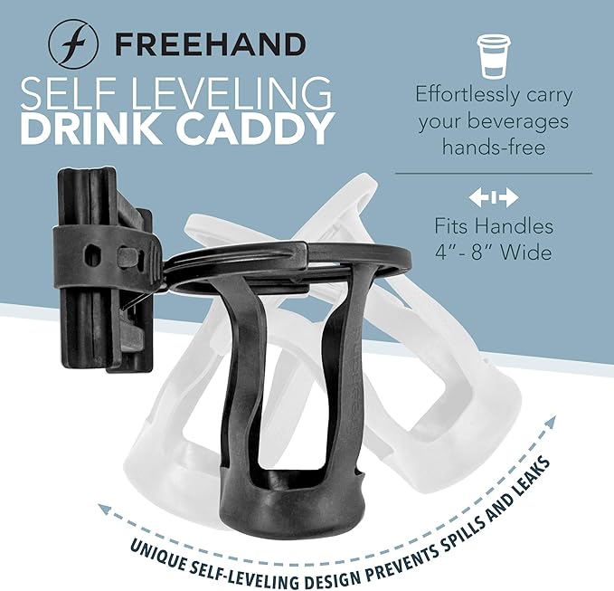 Freehand Luggage Cup Holder – Self Leveling Hands Free Drink Caddy – Fits Roll On Suitcase Handles - Holds 8 – 24 Ounce Coffee Cups or Up to 1 Liter Water Bottles Black