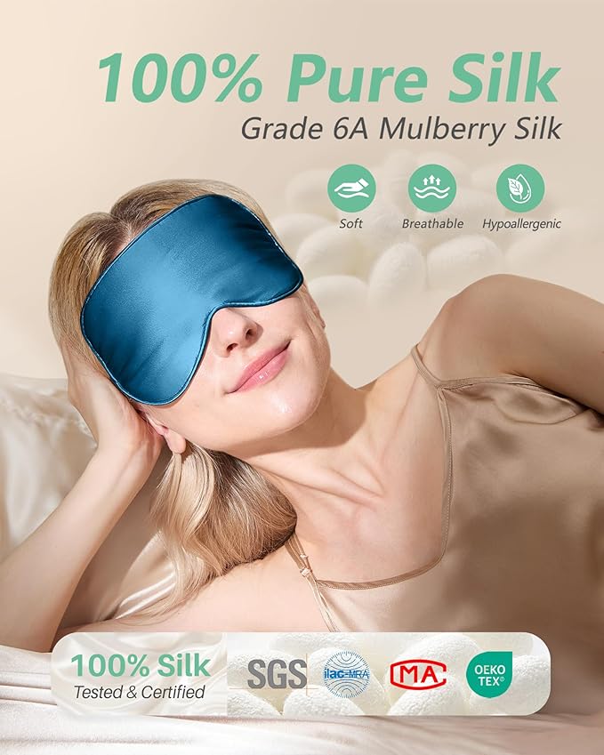 BeeVines 100% Real Mulberry Silk 2 Pack Sleep Mask, Pure Silk Eye Masks with Adjustable Strap for Sleeping, 100% Block Light Eye Shade Cover, Reduces Puffy Eyes Traveling Gifts(Black & Peacock Blue)
