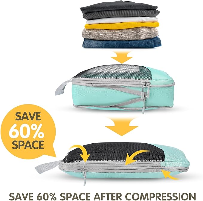 Compression Packing Cubes 8 Set, Dual Zipper Compression Packing Cubes for Travel, See-Through Mesh Packing Bags for Suitcases, Compression Cubes with Shoe Bag