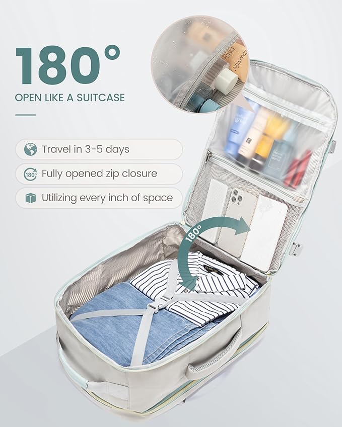 LOVEVOOK Travel Backpack for Women & Men 40L,Airline Approved Carry On Backpack Travel Essentials,TSA Carry on Luggage,Waterproof Personal Item Travel Bag,Suitcase with 3 Cubes,Light grey-Mint green