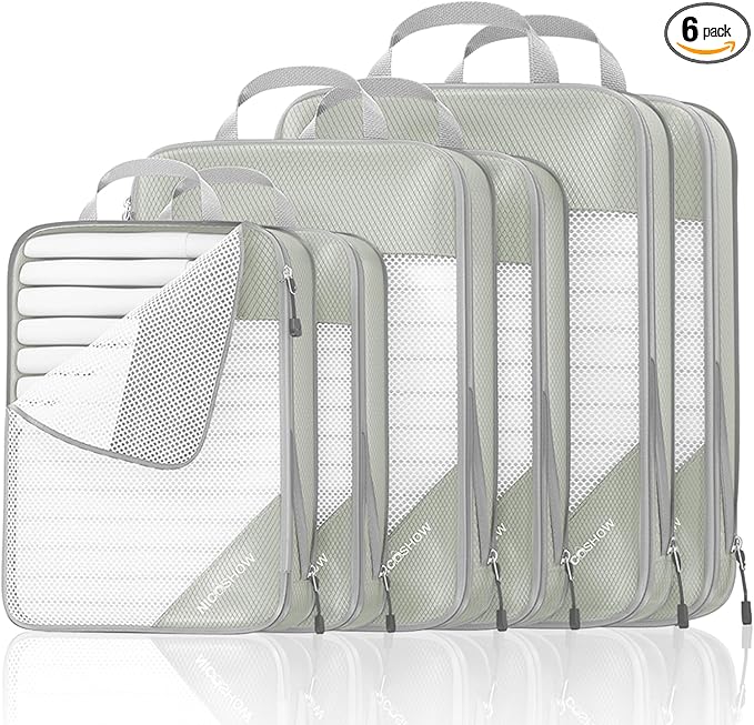 Compression Packing Cubes 6 Set, Compressible Space-Saving Packing Cubes for Travel - Compression Bags, Luggage Organizer, Travel Essentials for Women, Light Grey