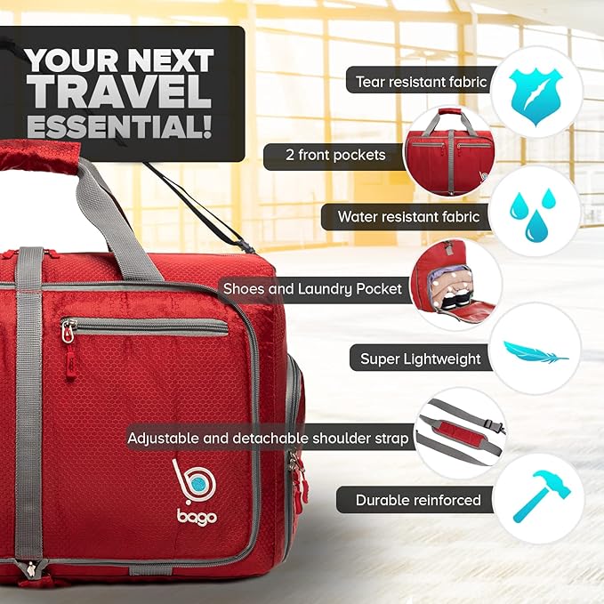 Bago Compact Duffle Bag for Travel Women & Men. Durable Lightweight Foldable Travel Duffel Bags For Traveling Women. 40L Duffle Bags a Reliable Weekender duffel or Overnight Bag With Shoe Compartment