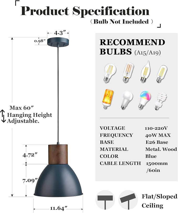ELYONA Modern Pendant Light for Kitchen Island, Solid Wood Metal Hanging Lamp, Adjustable Height, 11.6" Industrial Pendant Light Fixtures for Farmhouse,Bar,Dining Room,Living Room,Bedroom - Dark Blue