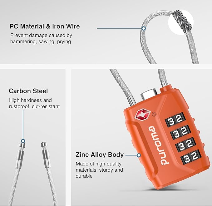 Puroma 2 Pack TSA Approved Luggage Locks, 4 Digit Combination Travel Cable Locks Resettable Code Lock with Zinc Alloy Body for Suitcase, Toolbox, Backpack, Bag, Gym Locker (Basic Robust Orange)