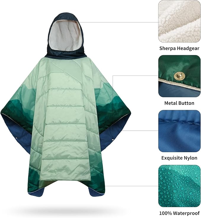 Camping Blanket, Poncho Wearable Hoodie Blankets Outdoor Waterproof Windproof Warm Durable & Portable for Stadium, Concerts, Car,Travel, Beach, Picnic, Grass,75 * 52 inch