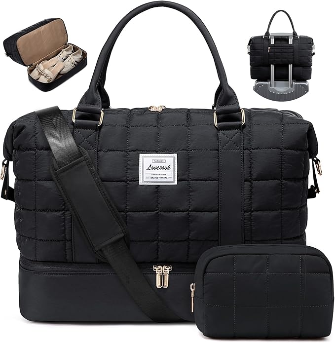 LOVEVOOK Travel Duffel Bag - Versatile Weekender Bag for Women, Puffer Carry On & Overnight Bag for Short Trips, Black