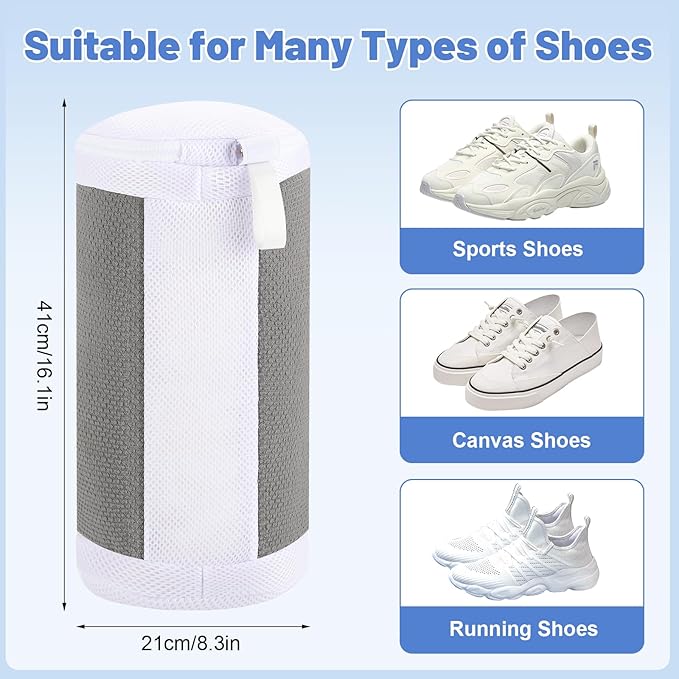 Shoe Washing Machine Bags, 2 PCS Shoe Bag for Washing Machine, 360° Wrap-Around Clean Laundry Bags Reusable Hidden Zipper Cleaning Bag for Tennis Shoes Sneaker Running Shoes, Grey