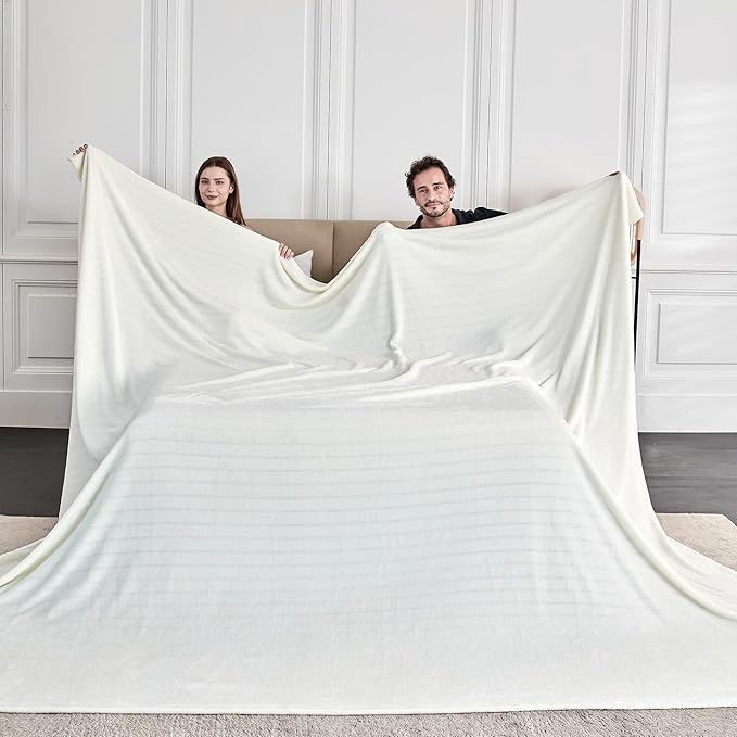 Extra Large 120x120 Inch Giant Soft Cozy Fleece Blanket, Huge Oversized Seamless King 3D Jacquard Decorative California King Blanket for Bed, Couch, Travel - Striped Ivory White