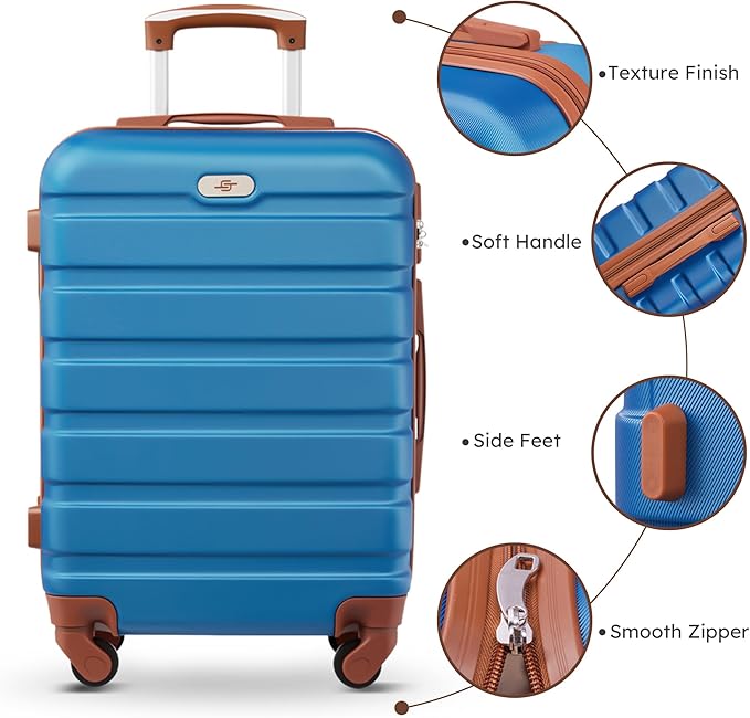 Suitour 4 Piece Luggage Sets, Hard Shell Suitcase Set with Spinner Wheels 16 20 24 28inch Travel Sets(Blue Brown)