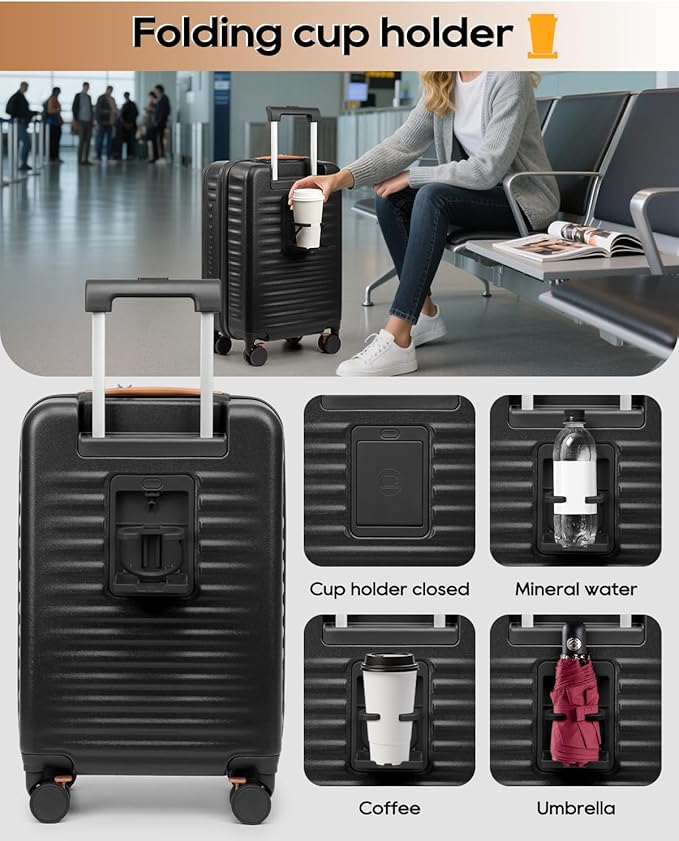 Joyway Carry on Luggage Airline Approved with Front Compartment and Cup Holder, 20 Inch Hard Shell Carry-on Suitcase with Spinner Wheels and TSA Lock for Women Men