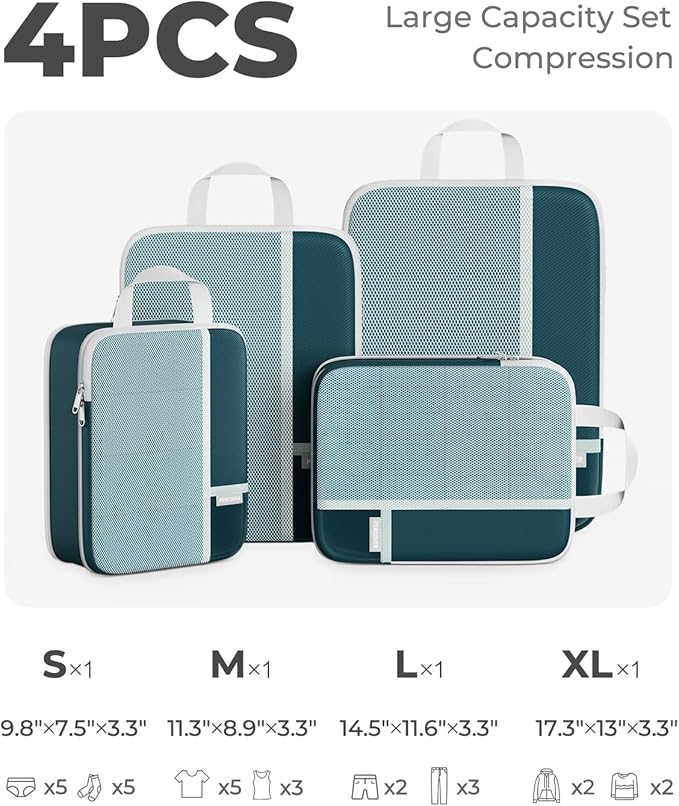 Percover Compression Packing Cubes 4-Piece Set, Packing Cubes Compression for Travel with Label Pockets, Travel Organizer for Carry On & Checked Luggage, Peacock Green