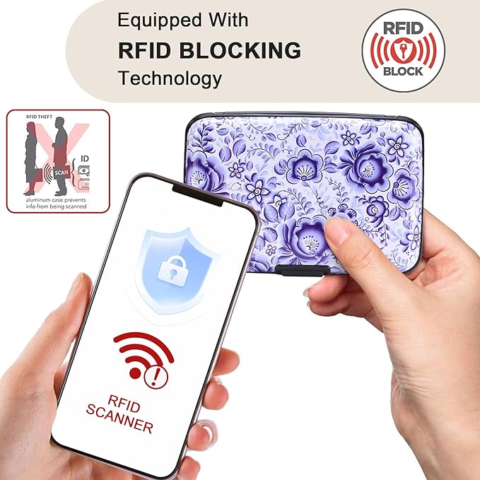 ELFISH Mini RFID Aluminum Wallet Credit Cards Holder Business Card Case Metal ID Case for Men Women (Camellia)