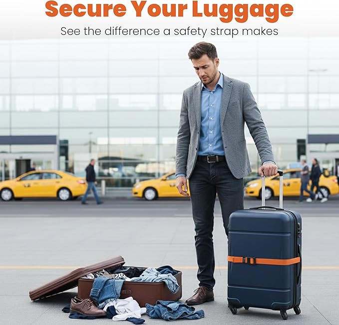 Luggage Straps for Suitcases, Adjustable Travel Suitcase Belts with Buckle Closure, Designed for Carry-On and Checked Luggage, Reusable Travel Accessory, Orange Pack of 2