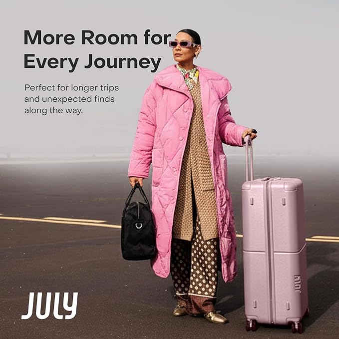 Checked Plus with CaseSafe - 28.75" Trackable TSA Lock Airline Approved Check In Luggage with Wheels, Rolling Suitcase for Men & Women - Silent Spinner Wheels, Y-Strap - Blush Pink