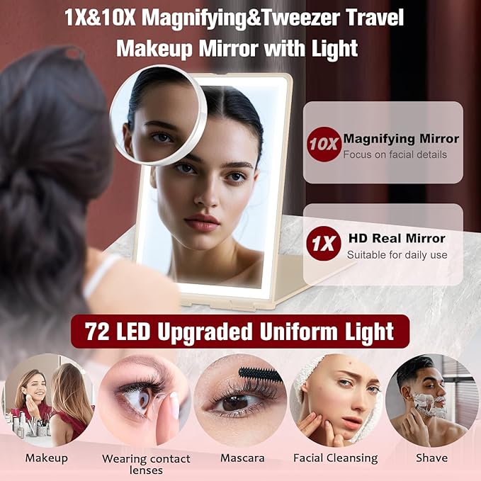 Travel Makeup Mirror with Lights Valentines Day Gifts for Her, Girlfriend, Wife, Birthday Gifts Rechargeable Portable Folding Compact LED Mirror Set with Tweezer 3 Color Light Modes-Cream