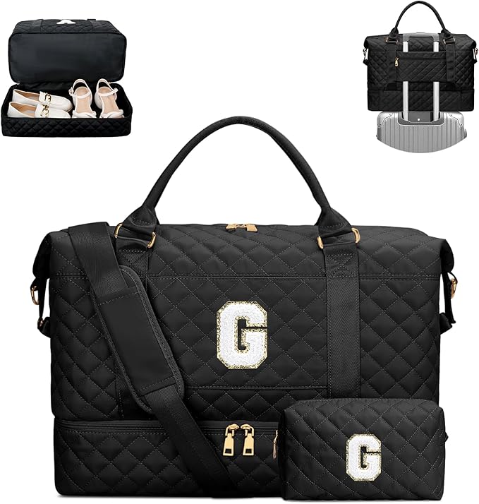 Gifts for Women Girls Birthday Initial Travel Duffle Bag Quilted Weekender Bags Carry-On Overnight with Cosmetic Bag, Gym Bag with Shoe Compartment, Black G