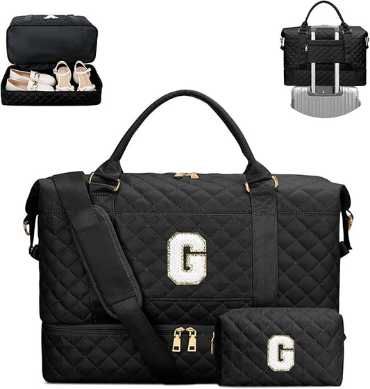 Gifts for Women Girls Birthday Initial Travel Duffle Bag Quilted Weekender Bags Carry-On Overnight with Cosmetic Bag, Gym Bag with Shoe Compartment, Black G