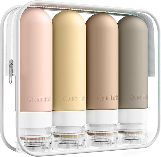 Quatish Travel Bottles for Toiletries, Original Patented Leak Proof Travel Size Containers, 3 oz Tsa Approved Silicone Shampoo and Conditioner Bottles, 4 Pack, Brown