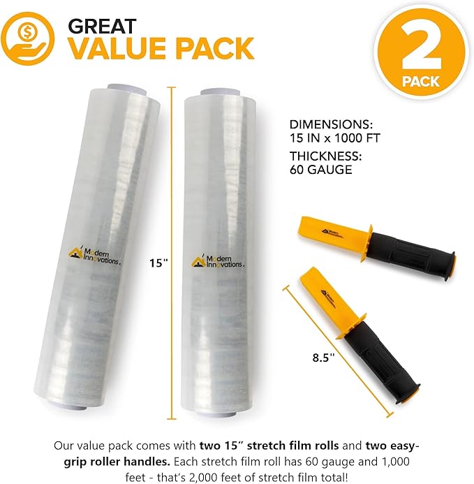 Modern Innovations 15 Inch Clear Stretch Wrap Roll with Handles (2 Rolls-2000 Feet) Heavy Duty Shrink Wrap for Moving, Packing Supplies for Wrapping Furniture, Industrial Plastic Pallet Cling