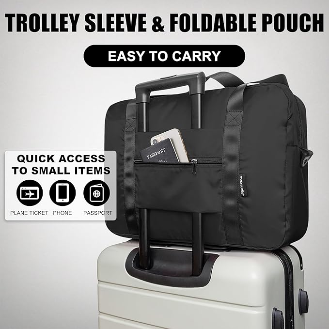 Foldable Travel Duffle Bag, Airlines Approved Carry On Bag Weekender Overnight Bag for Men Women, 40L (Black)