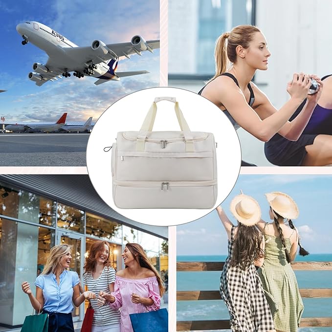 Carry On Travel Duffel Bag for Women & Men,Overnight Weekender Bag with Shoe Compartment,Trolley Sleeve and Adjustable Shoulder Strap,Business & Weekend Travel,Gym,Sports,Yoga & Dance(Ivory)