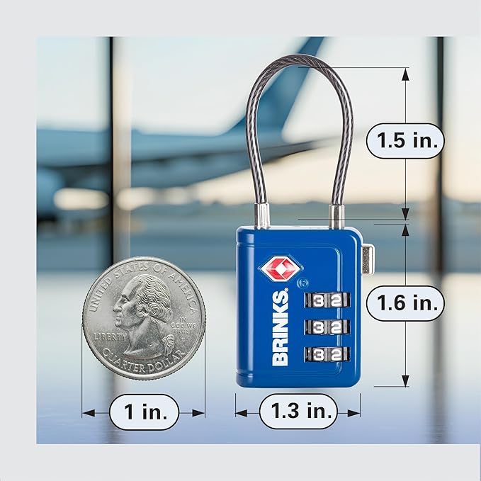 Brinks TSA Accepted Indicator Luggage Lock, Blue - Resettable 3-Dial Combination, 1.5 inch Long Cable Shackle, New More Secure Key, 2 Pack
