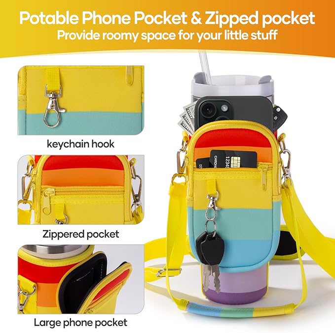 linmaya Water Bottle Carrier Bag for Stanley Cup 40/30oz with Phone Holder Pockets,Neoprene Water Bottle Cross-body Bag with Adjustable Shoulder & Hand Strap Stanley Cup Accessories
