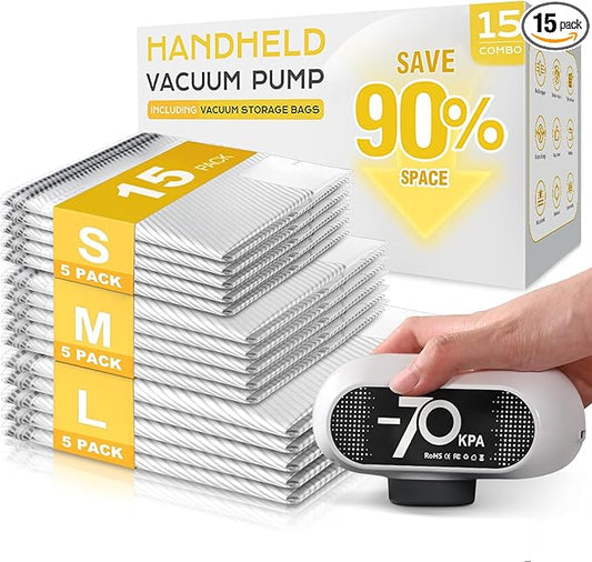 15 Pack Vacuum Storage Bags with -70KPa Electric Pump, Premium Tear-Resistant Reusable Bags for Clothing, Space Saving Essentials for Travel, White