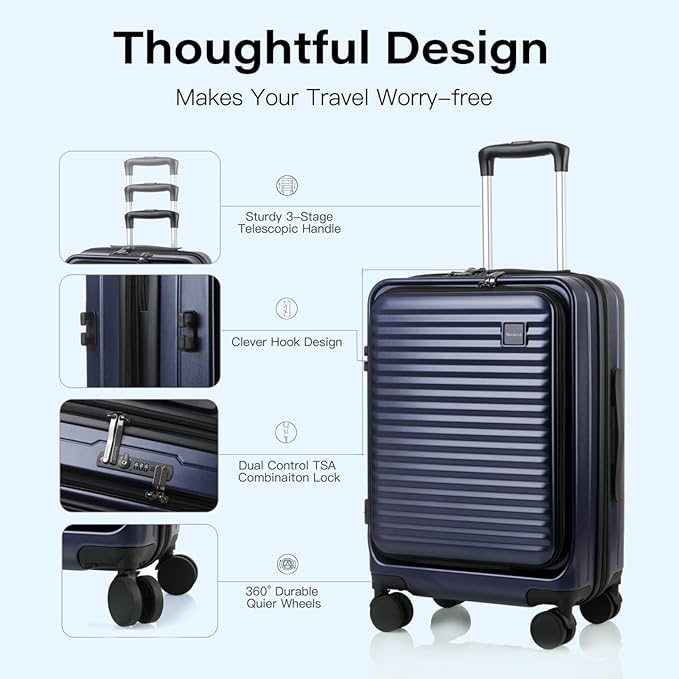 Carry On Luggage Airline Approved, 20 Inch Expandable PC Hardside Lightweight Suitcases with Spinner Wheels and TSA Lock (Dark Blue, 20 Inch)