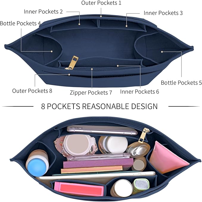 LOUKAYCCI Purse Organizer Insert for Longchamp Le Pliage L Handbag Insert Felt Long Champ Tote Bag Organizer Insert with Cup (DarkBlue, Medium)