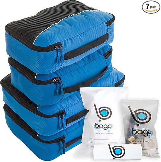Bago Packing Cubes for Suitcases - 7Pcs Luggage & Suitcase Organiser Bags Set - Compression Packing Cubes for Travel Accessories Essentials - 4 Cubes plus 3 Sealed ZipBags (Blue), Blue, 4pcs Set,