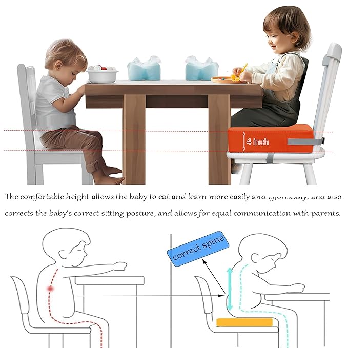 Toddler Booster Seat Dining Table Kitchen Chair, Waterproof Anti-Scratch PU Cushion, Non-Slip Bottom, Adjustable Buckle Straps, Easy Clean Portable Seat Cushion (Tangerine)