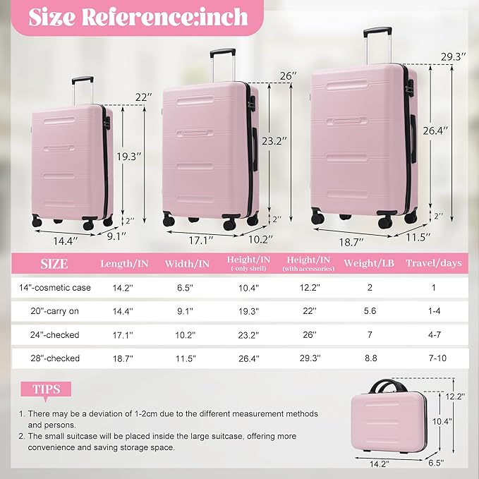 Merax Luggage Set 6 Piece,Lightweight Hardshell Suitcase with Double Spinner Wheels Handle Password Lock,14 IN Cosmetic Case 20/24/28 IN Luggages with Duffel Bag and Toiletry Bag,Pink