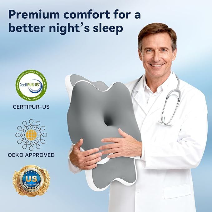 Sleep Apnea Pillow with Neck Pain & Snoring Relief -Orthopedic Cervical Pillow, Ergonomic Contour Memory Foam for Side, Back,Stomach Sleepers, Medium Firm (Grey, Queen Size 25" Lx15 Wx5.8 H)