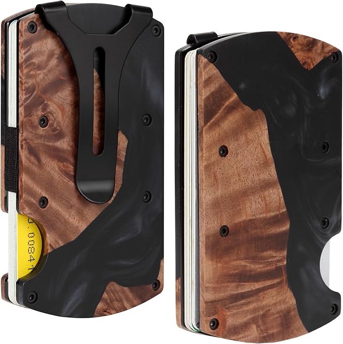 Carbon Fiber Minimalist Wallet for Men Credit Card Holder Money Clip & Cash Strap Slim RFID Mens Wallets,Resin Natural Walnut Wood,Unique Pattern,Black