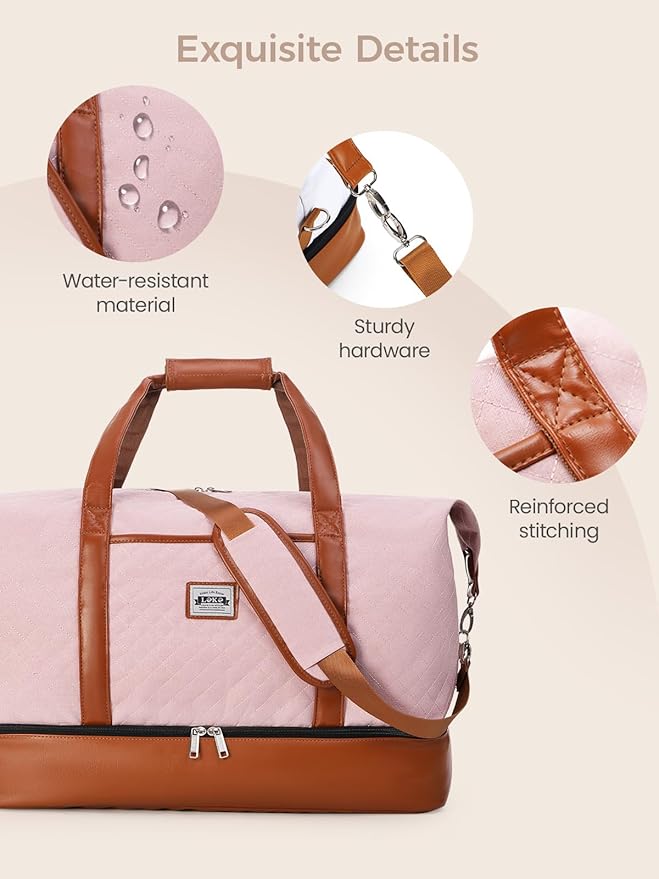 Weekender Bags for Women, Travel Duffle Bag Carry On Travel Bag Overnight Bag with Shoe Compartment Toiletry Bag, Large Weekend Tote Bag Gym Bag Hospital Bag for Labor and Delivery, 50L Quilted Pink