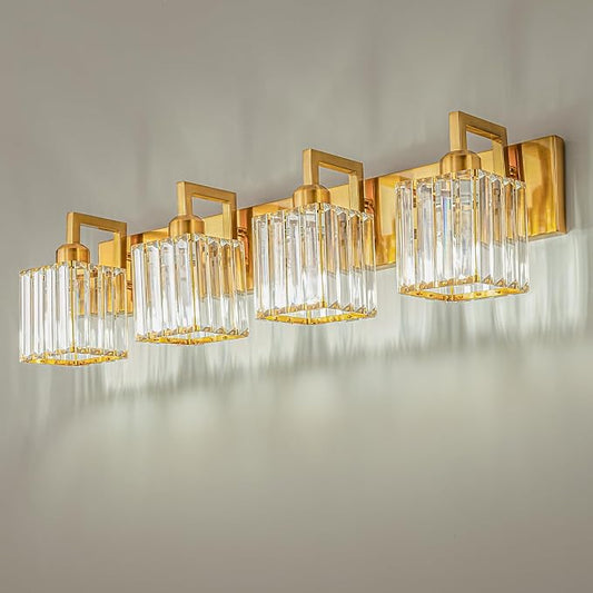 Modern Crystal Bathroom Vanity Light 4-Lights Gold Brushed Brass Finish Modern Crystal Wall Lamp Bathroom Vanity Lighting