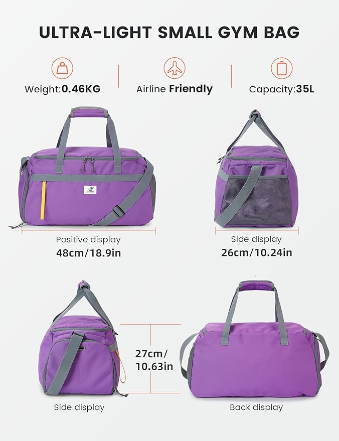 SKYSPER Gym Bag for Men & Women with Shoe Compartment, Carry-on Gym Duffle Bag for Travel and Sports, Workout Overnight Bag with Large Wet Pocket, Purple