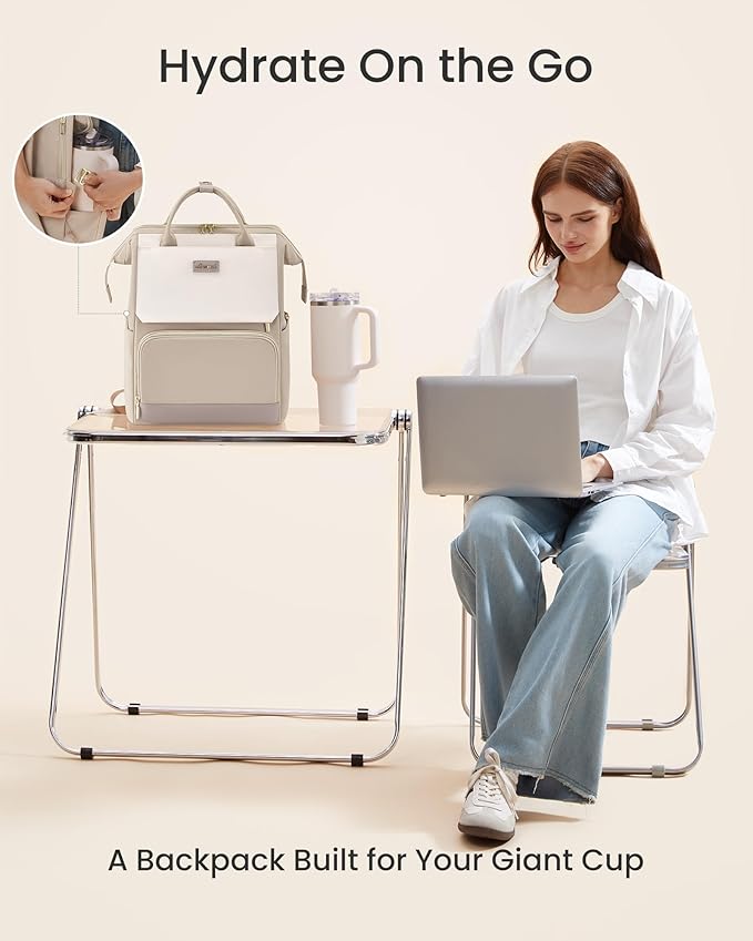 LOVEVOOK Laptop Backpack for Women with Giant Tumbler Holder Pocket, 17 inch Travel Work Backpack Purse for Nurse Teacher, Waterproof School Bag College Bookbag Cute Casual Daypack for Girls Khaki