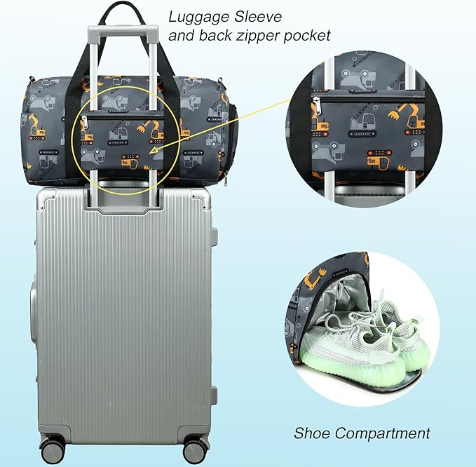 CAMTOP Kids Duffel Overnight Bag Boys Girls Toddler Weekender Carry-On Personalized Tote for Travel Gym Sport (Grey Vehicle)