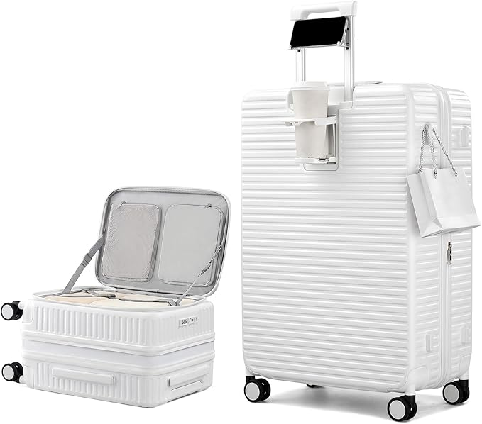 HanTrip Hard Shell Expandable Luggage Sets 2 Piece with Spinner Wheels Cup Holder, Top Opening Lightweight Luggage Rolling Suitcase with Lock, Carry On And Checked Luggage Set 2 Piece (White, 20/28)